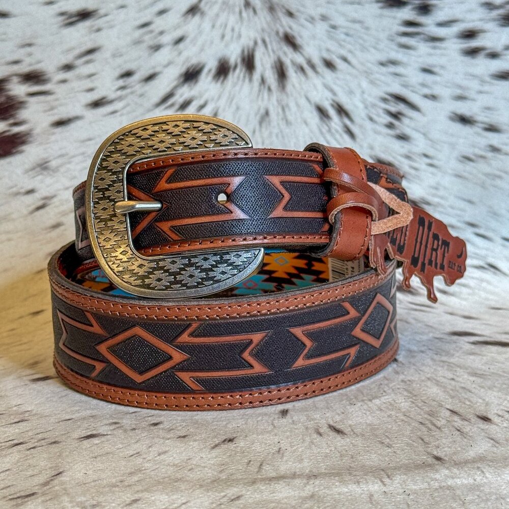NEW Men's Tapered Needlepoint 100% Leather Western Belt Aztec Buckle (34)